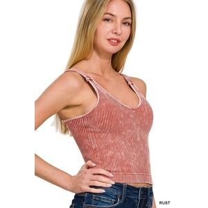 Zenana Ribbed Tank Top Women S/M Pink NEW Mineral Wash Seamless V-Neck